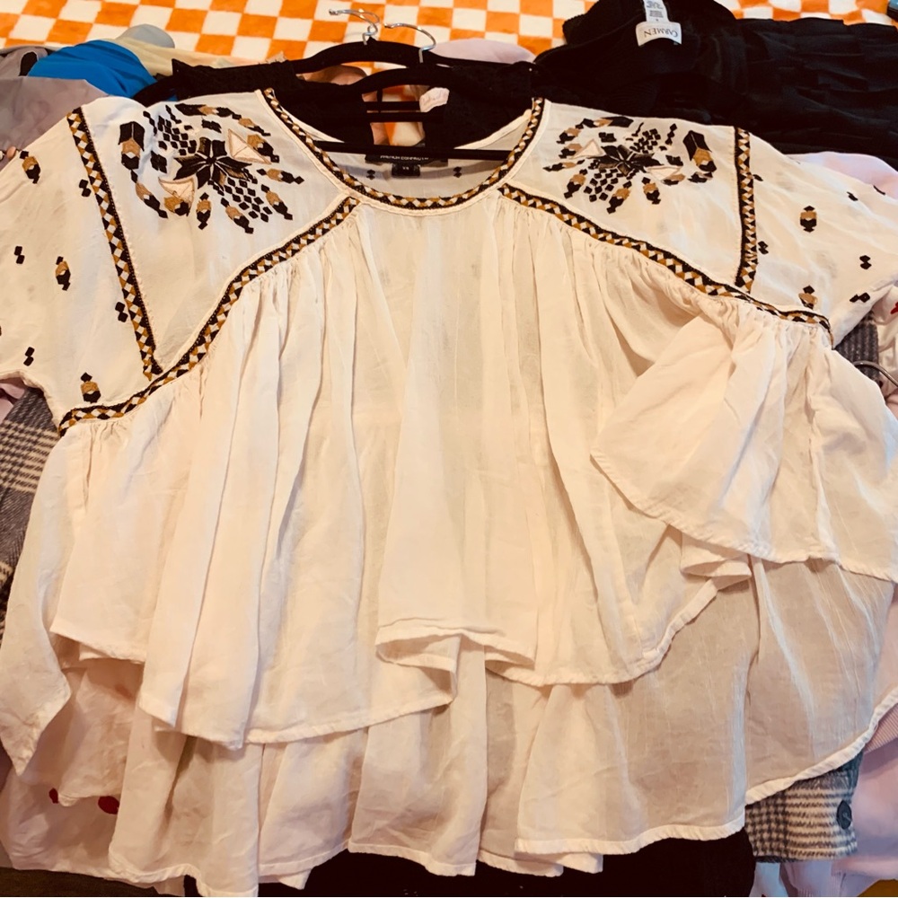 French Connection Cream Peasant Blouse with Navy & Gold Embroidery sheer flowy